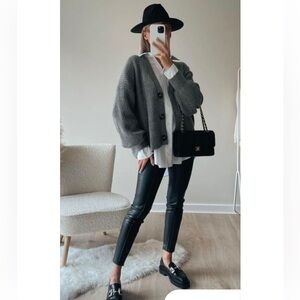 Zara Knitwear Fancy Collection V-Neck Button Dark Olive Gray Cardigan Sweater